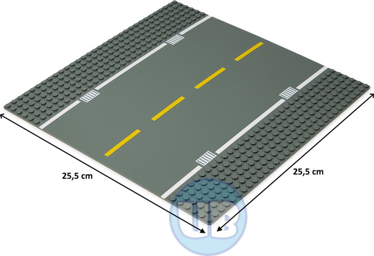 Uniblocks City wegenplaat recht met gele belijning - 25,5 x 25,5 cm | Bouwplaat 32x32 noppen |wegen | stad | city | combineer met Lego bouwplaten | Geschikt voor LEGO bouwplaten bouwplaat wegplaat